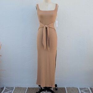NWT Reformation Hosby Caramel Ribbed Knit Maxi Dress with Tie Front Size Small